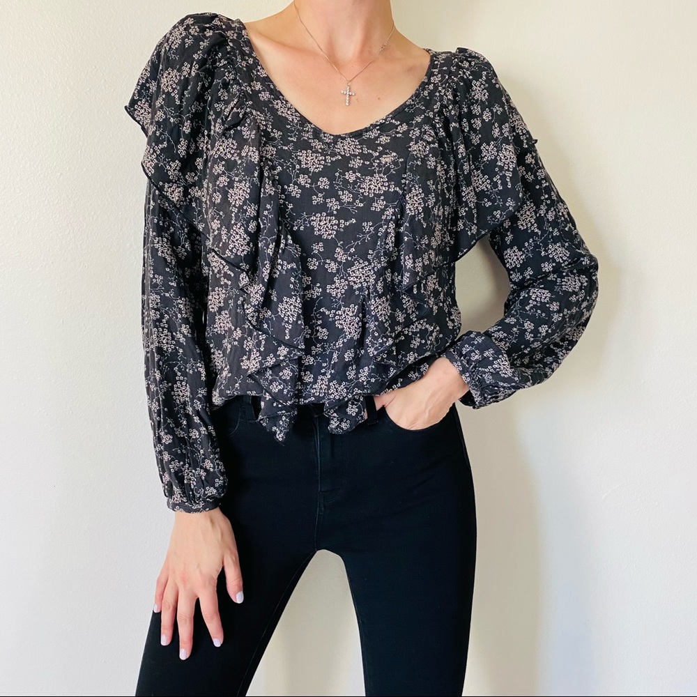Hinge floral print bohemian Ruffle front long sleeve blouse top black - Picture 2 of 8